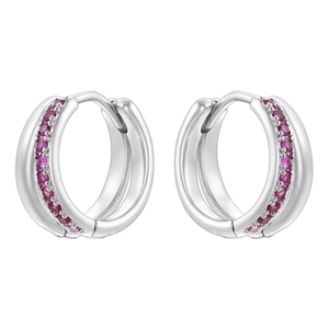 Detail of silver double-layered hoop earrings with inlaid pink cubic zirconia stones
