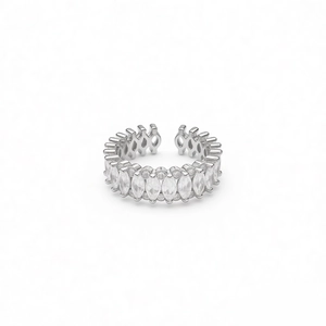 Silver flower hollow open ring with marquise-cut zircon stones and wavy engraving