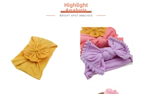 Detailed view of soft nylon baby headbands with knit floral and pom-pom bow designs