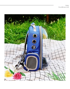 Detail of blue pet backpack with transparent shell and metal ventilation holes in nature