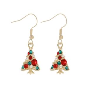 Detail of Christmas tree earrings featuring gold metal with red and green rhinestones