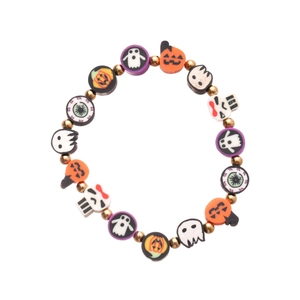 Colorful polymer clay Halloween bracelet with pumpkin, ghost, and skull charms