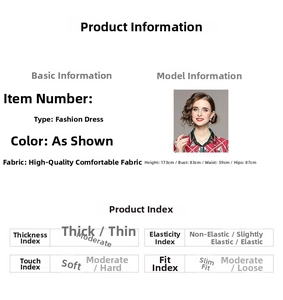 Guide des tailles pour robe imprimée avec détails du tissu et mensurations