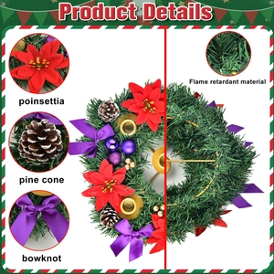 Macro details of 33cm Christmas advent wreath featuring pine cones and flame retardant silk