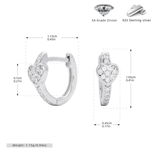 Detailed dimensions and weight of S925 sterling silver heart earrings with zircon