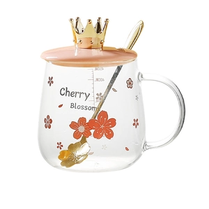 Pink crown lid borosilicate glass mug with cherry blossoms pattern and golden spoon