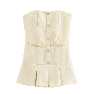 Trägerloses Tweed Minikleid Elegant Hohe Taille Plissierter Saum Mit Metallknöpfen Vintage Stil Damen Polyester Passform