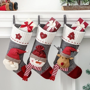 Grande Chaussette de Noël Décoration Avec Applique Père Noël Bonhomme de Neige Renne Tricot Tissu Non-Tissé Sac à Cadeaux Décoration de Cheminée