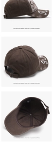 Detail views of vintage brown washed baseball cap showing embroidery and metal buckle