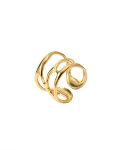 Detail of 18k gold plated ring featuring organic multilayered hollow petal design