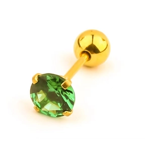 Close-up of gold-plated titanium steel stud with green zircon and screw-back detail