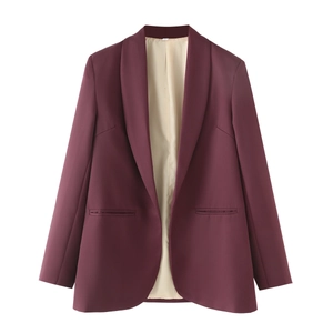 Women casual loose open front solid color burgundy blazer with lapels and pockets