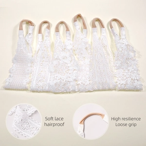 Set of 6 white lace baby headbands with floral embroidery and soft nylon high elastic bands