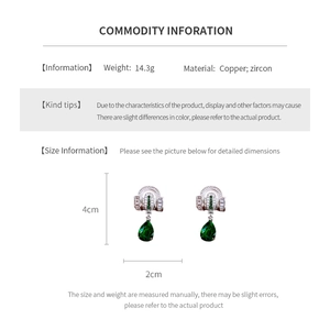 Detailed size specifications for vintage emerald waterdrop earrings made of copper and zircon
