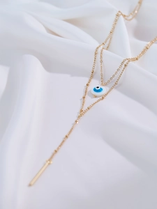 Elegant gold double-layer necklace with evil eye pendant and vertical bar drop tassel