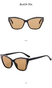 Modern cat-eye sunglasses in black-tea color showing front and side view angles