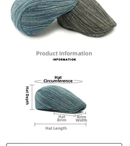 Tableau des tailles détaillé pour casquette gavroche en denim avec mesures de visière