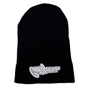 Black knit beanie featuring white California cursive embroidery on front for winter warmth