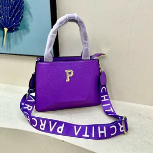 Purple embroidered letter tote bag with wide strap and golden P metal logo for women