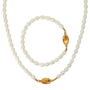 French vintage baroque pearl necklace and bracelet set with golden oval clasps
