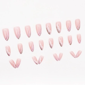 Pink almond press-on nails with white floral patterns and glitter stripes set of 24 pieces