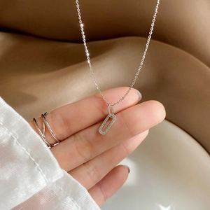S925 sterling silver geometric rectangle pendant necklace with pavé zircons on silk