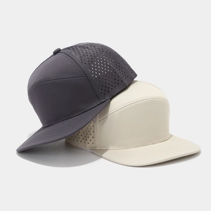 Flat brim 5-panel laser-cut perforated breathable sports cap in grey and beige