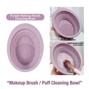 Foldable purple silicone makeup brush cleaning bowl with textured surface for deep cleansing