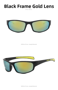 Detail view of sport sunglasses with black frame, gold lenses and yellow non-slip pads