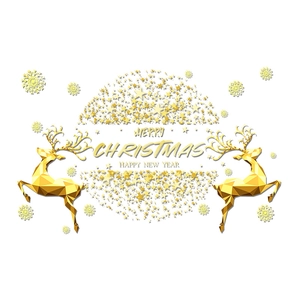 Golden low-poly reindeer static window clings with Merry Christmas and Happy New Year text