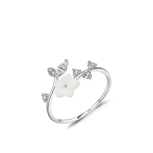 Elegant S925 sterling silver open ring with shell camellia flower and zircon accents
