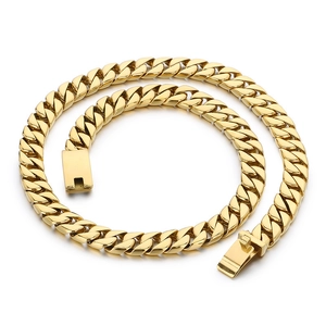 Polished 12mm golden stainless steel Cuban link chain necklace with secure box clasp