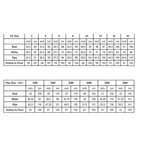 Detailed size chart for lace wedding dresses from US size 2 to 26W including measurements