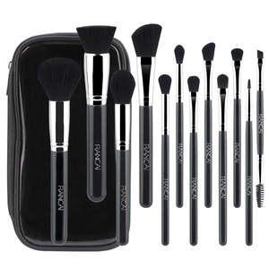 12-piece professional makeup brush set with silver ferrules and black zipper travel case
