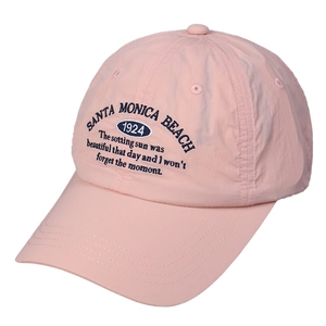 Pink quick-dry nylon baseball cap with blue Santa Monica Beach embroidery, retro style