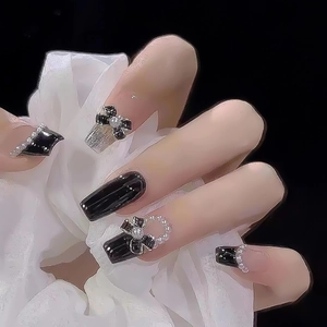 Französische Schwarze Schleife Künstliche Nägel Mit Perlen Strass Glitzer Elegante Quadratische Fake Nails Für Damen Party