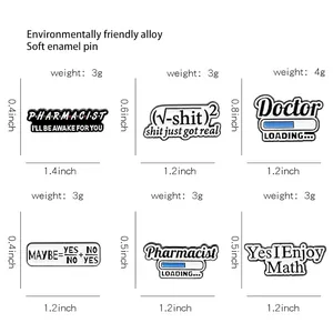 Size chart for enamel chemistry pins showing dimensions and weights of the six creative badges