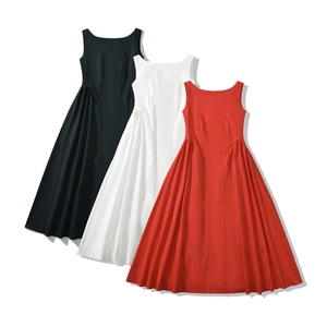 Women French Elegant Sleeveless Boat Neck Maxi Dress Solid Color High Waist A-Line Swing Party Street Wear Dress