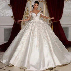 Exquisite long sleeve lace embroidery and luxury satin bridal ball gown back view