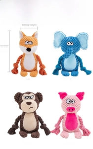 Detail view of plush animal squeaky dog toys with woven cotton ropes and corn velvet texture