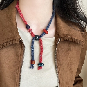Bohemian adjustable woven cotton rope necklace with colorful resin beads for women