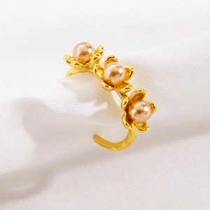 Elegant Flower Stainless Steel Open Ring For Women With Champagne Faux Artificial Pearl Gold Plated Niche Design
