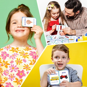 Detail of educational flashcards showing Hot Air Balloon and School Bus illustrations