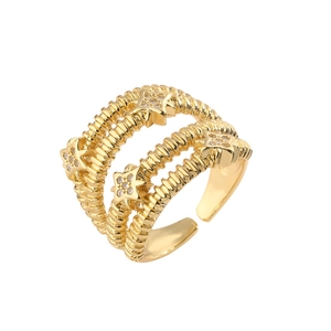 Adjustable gold layered ring with star charms and zircon stones on white background