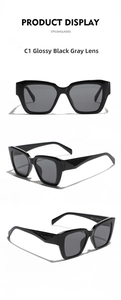 Three-view display of black square oversized sunglasses with detailed frame dimensions