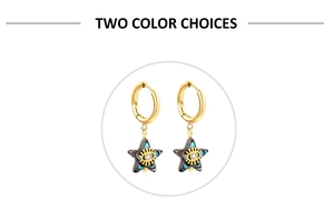 Close-up of golden star eye earrings with iridescent abalone shell inlay details