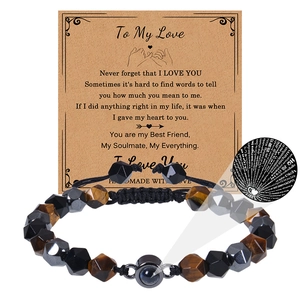 Détail du bracelet en œil de tigre avec pierre de projection 100 langues sur carte