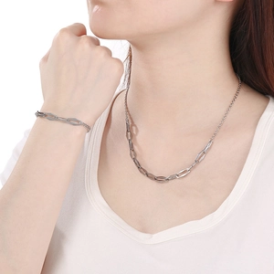 Fashion stainless steel geometric necklace and bracelet set for women in silver finish