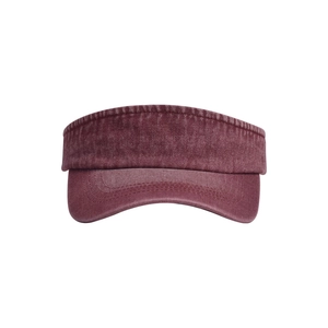 Detailed view of dark red washed cotton denim fabric and reinforced brim stitching