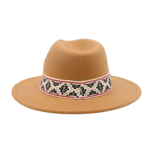 Classic camel wide-brim felt fedora hat featuring a vintage geometric jacquard band